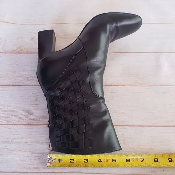 Bellofatto Leather Woven Detail Almond Toe Heeled Boots Booties Black Size 38